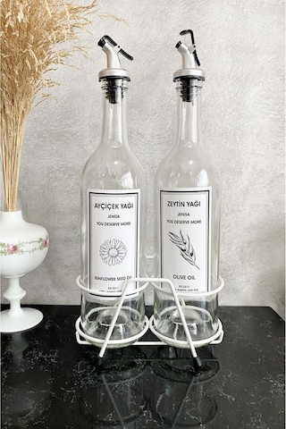 Beyaz Standlı Akıtıcılı Şeffaf 750 Ml Beyaz Etiketli Yağlık Yağda