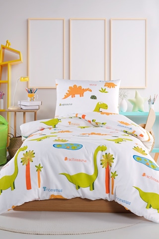 Eponj Home Kolay Ütülenir Nevresim Takımı Tek Kişilik Dinolar Beyaz Beyaz