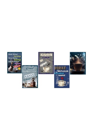 5 Parça 14cmx20cm Dekoratif Mdf Tablo, Kahve Köşesi Tabloları, Duvar Tabloları, Cafe Tabloları, Çerçeve Görünümlü Dekoratif Hediyelik