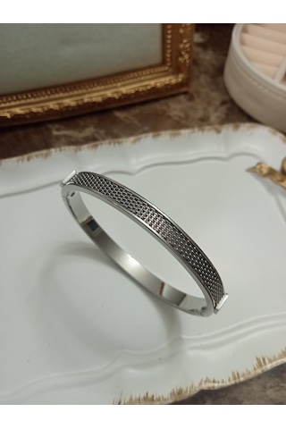 Love Yazı Detaylı Hasır Görünümlü Gümüş Renk Paslanmaz Çelik Kelepçe Bileklik Gümüş