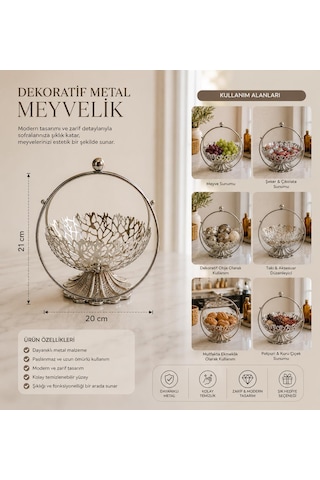 Dekoratif Metal Meyvelik Sepet Gümüş Renk Modern Meyve Sunum Sepeti Şekerlik Dekoratif Masa Aksesuar