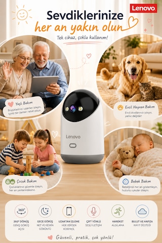 Lenovo 5mp Wifi Bebek Evcil Hayvan Yaşlı Bakım Kamerası Gece Görüşlü Bebek Kamerası