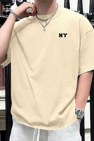 Erkek Ny Baskılı Oversize Tshirt Bej