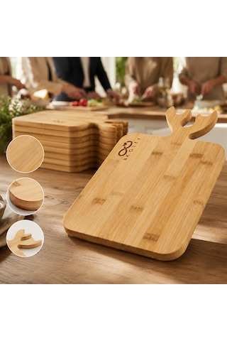 Logonuza Özel 10 Adet Geyik Dekorlu Bambu Kesim Panosu 37x20 Cm Kurumsal Sunum Tahtası Ahşap
