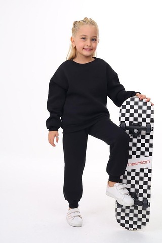 Üç İplik Cepli Bisiklet Yaka Alt Üst Takım Siyah