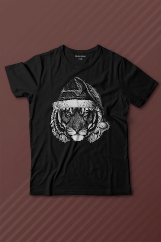 Kendim Seçtim Tiger Wild Cat Kaplan Fesli Noel Yılbaşı Christmas Baskılı Tişört Çocuk T-shirt 001