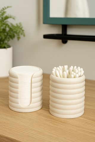 Banyo Düzenleyici - Makyaj Pedi Ve Kulak Çubuğu Düzenleyici Set - Mermer Beyaz - 8,5 Cm Mermer Beyaz