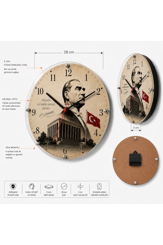 Atatürk Temalı Duvar Saati Türk Bayraklı Dekoratif Saat 5 Mm Mdf Kırılmaz Pleksi Camlı