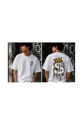 Qmen Style Unisex Beyaz Oversize Baskılı T-shirt Eriyen Dolar %100 Pamuk