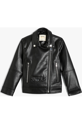Koton 4skg20012aw Fermuar Detaylı Deri Görünümlü Kız Çocuk Biker Ceket Siyah