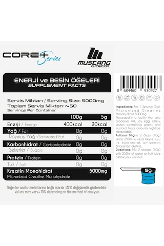 Mustang Nutrition Core+ Pure Creatine Monohydrate Powder Kreatin 250 Gr 50 Servis + Shaker + Protein Kahve Hediyeli Aromasız