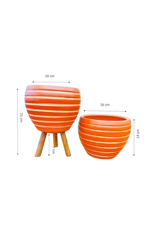 Bitki Tasarımı Yan Çizgi Terrakota Toprak Saksı Saksılık Salon Çiçeklik İkili Set Ayaksız - 3 Ayaklı- 15 Cm