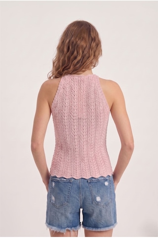 Neden Tekstil Kadın Dantel Görünümlü Ajurlu V Yaka Yazlık Kolsuz Bluz - Pembe