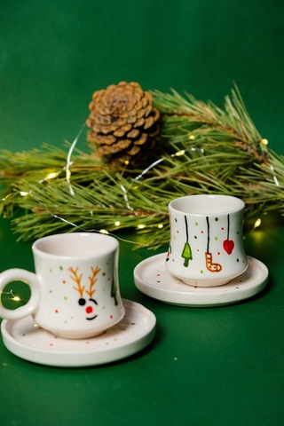 2 Li Takım Yılbaşı Geyikli , El Yapımı Kazan Seramik Kahve Fincanı, Kahve Fincanı, Hand Made Beyaz