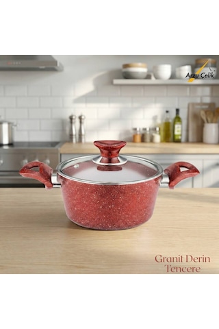20 Cm Granit Derin Tencere Cam Kapak - Kırmızı Kırmızı