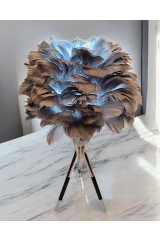 Tüylü Dekoratif Tripotlu 3'lü Ayaklı Abajur - Gri Gri