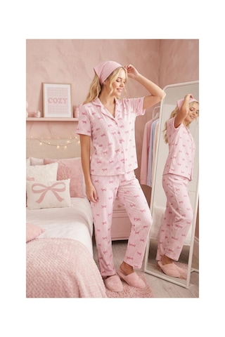 Fit Women Pembe Kurdele Desenli Bürümçük Kumaş Kısa Kollu Pijama Takımı 6064