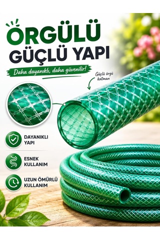 1/2 25 Metre Örgülü Bahçe Hortumu Balkon Bahçe Sulama Temizlik Araç Yıkama Su Hortumu Dolanmaz Kırılmaz Yeşil