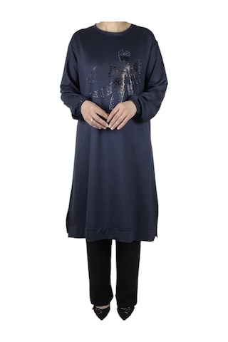 Kadın Önü Desenli Kristal İki İplik Büyük Beden Tunik Gri