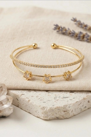Bay Pirinç Zirkon Taşlı Yıldız Desen Gold Renk Bileklik - 1 Adet Bayan Takı Bx-313606 Najmaddin Standart