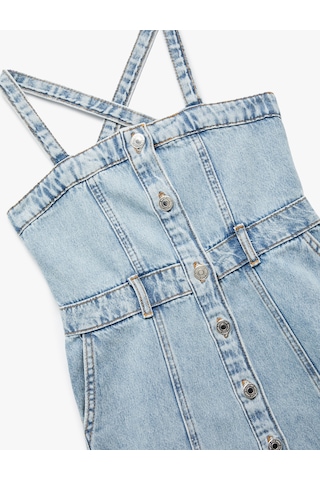 Koton Pamuklu Askılı Düğmeli Cepli Denim Elbise Lıght Indıgo 5skg80023ad Açık Mavi