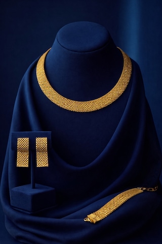 Altın Kaplama Hasır Choker Kolye Geniş Mesh Şık Kadın Gerdanlık Bileklik Küpe 3'lü Takı Seti Düğün