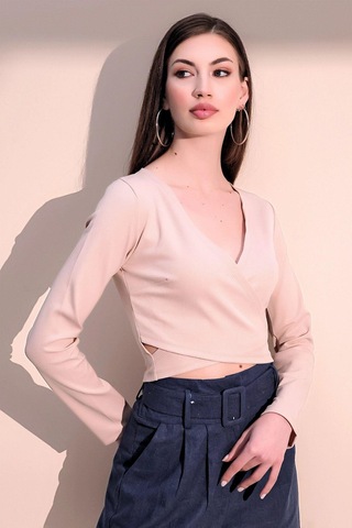 WeShaya Kadın Bej Uzun Kol Yeni Tarz Kruvaze, Kaşkorse, Likralı Crop Bluz Bej