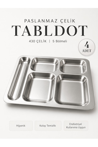 430 Çelik 5 Gözlü Tabldot Tabak Paslanmaz Çelik Self Servis Fabrika Okul Ev Hastane Kırılmaz Metal Servis Tabağı 4 Adet