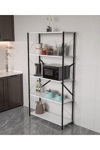 Metal Kitaplık 5 Raflı Ev Ofis Rafı Dosya Kitap Mutfak Rafı Çok Amaçlı Geniş Raflı 180cm Beyaz