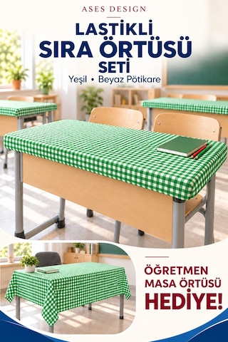 Yeşil Beyaz 15'li Lastikli Sıra Örtüsü, 100x140 Cm Öğretmen Masa Örtüsü Hediye