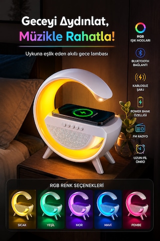 Forlife Fl-8093 G Tasarım Akıllı Gece Lambası Wireless Şarjlı Bluetooth Speaker 321-6 Beyaz