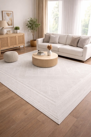 Modern Kabartmalı Halı Krem Geometrik Desenli Akrilik 8 Mm Hav Salon Yatak Odası Antre Halı