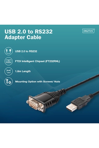 Dıgıtus Usb 2.0 - Rs232 Adaptör Kablosu, 1,8 M, Entegre Ftdı Ft232rnl Yonga Seti
