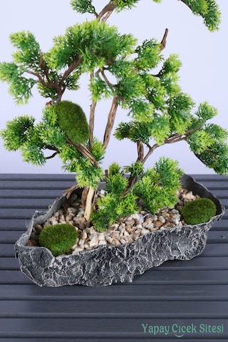 Yapay Çiçek Sitesi Kaya Aksıda Mini Yapay Bonsai Ağacı 40 Cm Yeşil