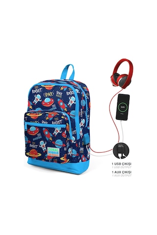 Coral High Okul Çantası Ve Beslenme Çantası Seti - Erkek Çocuk Mavi Lacivert Uzay - Usb Soketli