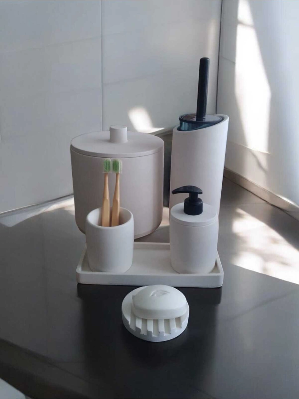 Kırık Beyaz Çöp Kovasi,banyo Seti Tuvalet Wc Sıvı Sabunluk Diş Fırçalığı Beton Aksesuar Takımı Beyaz