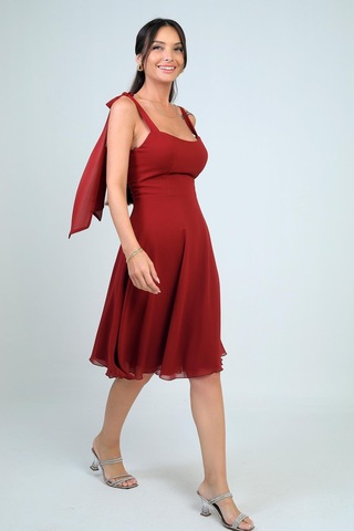 By Saygı Kadın Omuzu Bağcıklı Astarlı Kısa Elbise-41312 Bordo