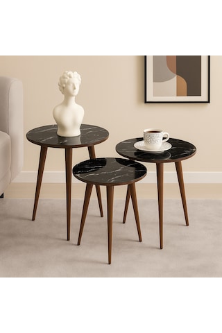 Madrid 3'lü Zigon Sehpa %100 Mdf Yuvarlak Siyah Mermer Desen