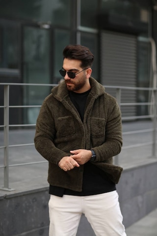 Sr Tekstil Pelüş Ceket Unisex Normal Kalıp Cep Detaylı Koyu Haki