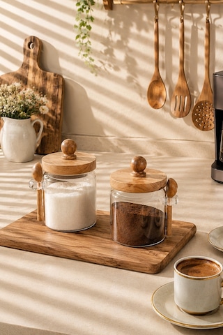Porsima Lm-0057 Bambu Kapaklı Bambu Kaşıklı Cam 2li Şekerlik Sunumluk Seti Bal Ve Reçel Kavanozu Saklama Kabı 450ml Cam - Şeffaf