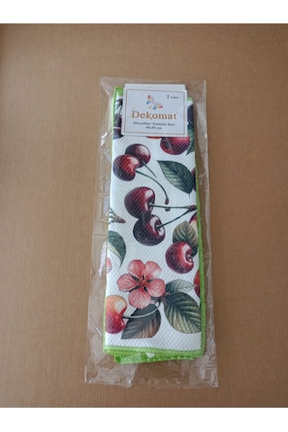 Microfiber Temizlik Bezi 40x50 Cm 2 Adet Kiraz Desen Bir Adet Baskılı Bir Adet Naturel Yeşil