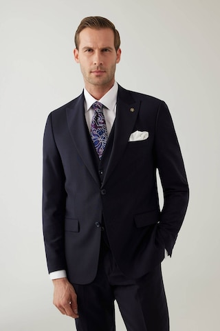 Erkek Lacivert Sivri Yaka Slim Fit Yelekli Takım Elbise