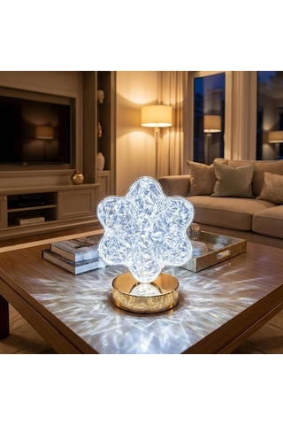 Buffer Çiçek Model Kristal Led Masa Lambası Dokunmatik, 3 Renk Işık Modlu, Şarjlı Mini Çok Renkli