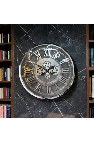 Roma Rakamlı Endüstriyel Metal Duvar Saati Dişli Mekanizmalı Vintage Dekor Saat Gümüş Gümüş
