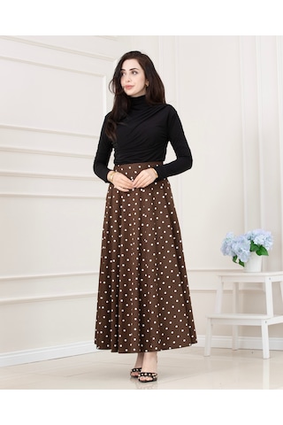 Sevitli Puantiyeli Maxi Etek-kahverengi-5718