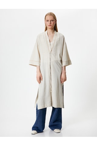Koton Uzun Kimono Keten Ve Viskon Karışımlı Yarım Kollu Bej 4sak50116uw Ekru