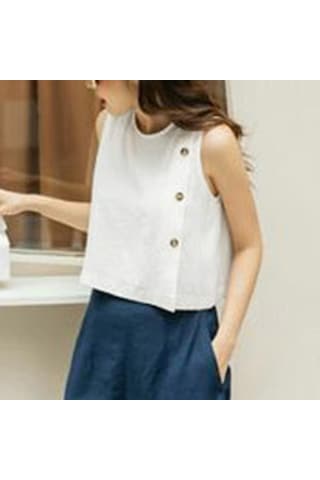Vonda Kadın Yaz Yuvarlak Yaka Kolsuz Düğmeli Düz Renk Günlük Tank Beyaz