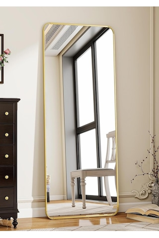 Pera 140x55 Yuvarlak Köşeli Yer Aynası Ayaklı, Asılı, Duvara Yaslı, Yatak Odası, Giyinme Odası Gold