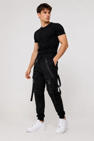 Assema Erkek Techwear Şerit Aksesuarlı Ön Kapak Cep Detaylı Jogger Eşofman Altı - Siyah Çok Renkli