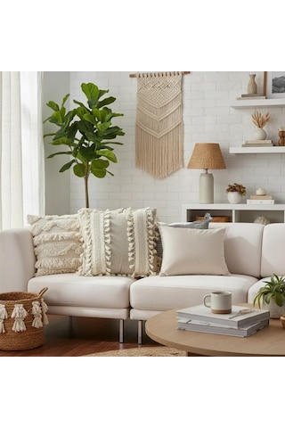 Bej Keten Kalın Dantel Ponponlu Kırlent 2 Adet Kırlent Kılıfı 43 X 43